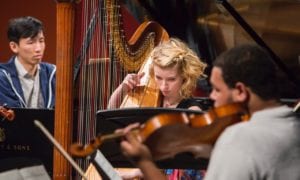 A pianist, harpist and violist in Manhattan School of Music's Contemporary Performance program in concert