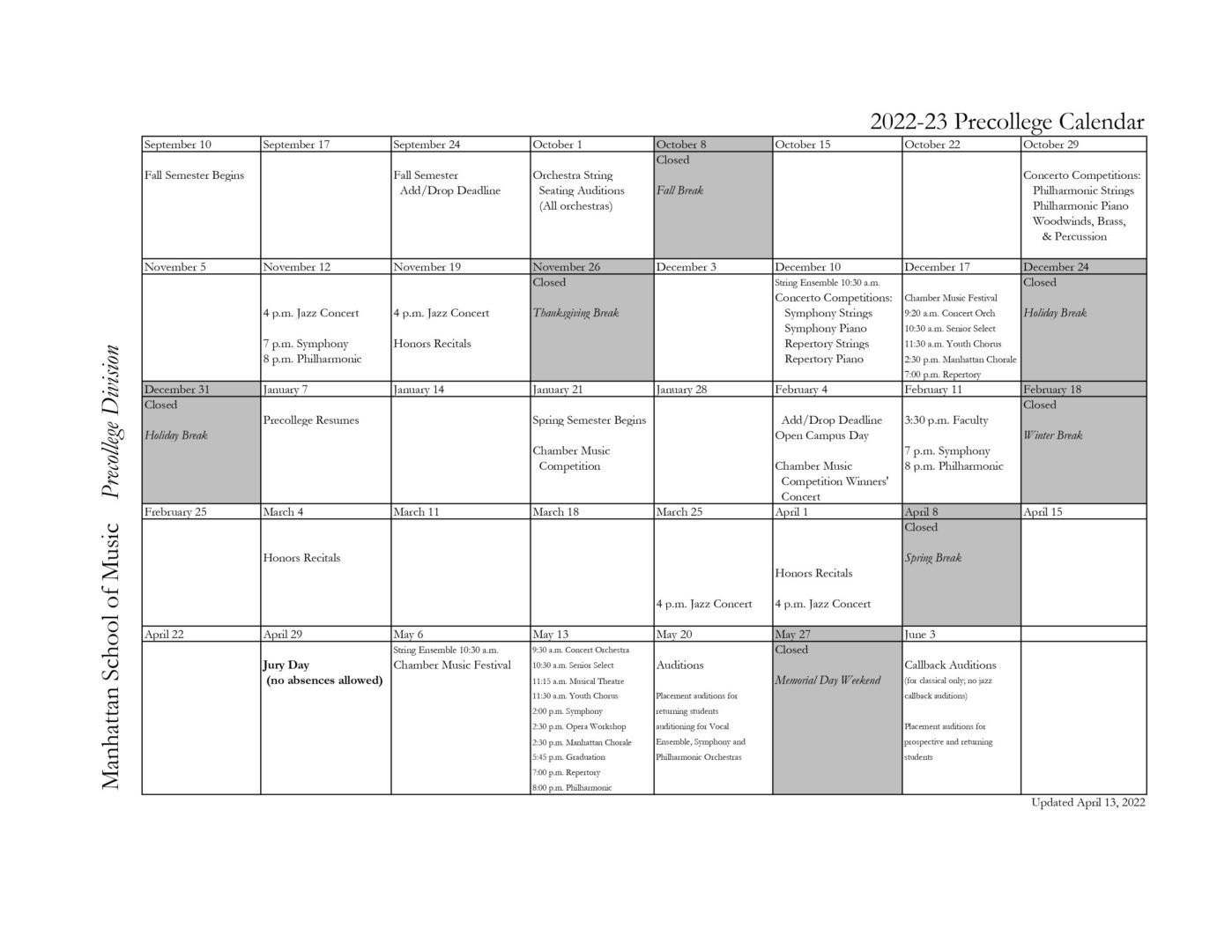 Precollege Calendar Manhattan School of Music